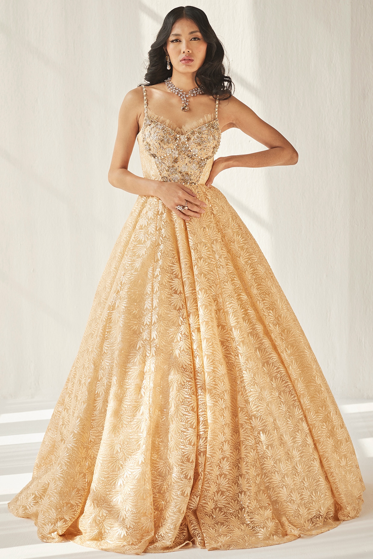 Solid Color Net Tiered Strappy Gowns in Yellow : UAK122