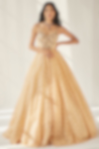 Butter Yellow Net & Tulle Embroidered Gown by Cedar and Pine