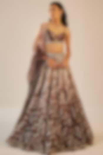 Grey Organza And Dupion Embroidered Lehenga Set Design By Cedar And Pine