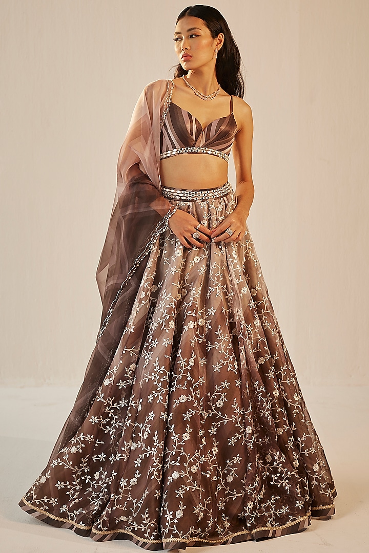 Grey Organza & Dupion Embroidered Wedding Lehenga Set by Cedar and Pine at Pernia's Pop Up Shop