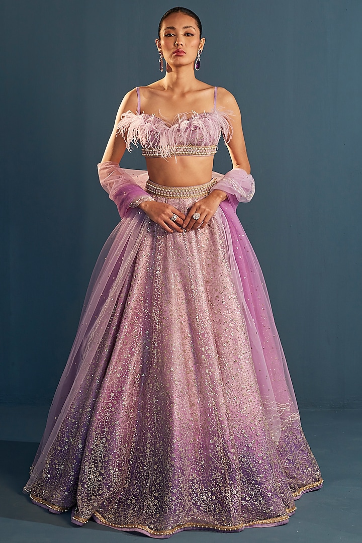 Lilac Net Embroidered Lehenga Set by Cedar and Pine