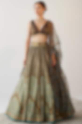 Teal Green Printed & Embroidered Wedding Lehenga Set by Cedar and Pine at Pernia's Pop Up Shop