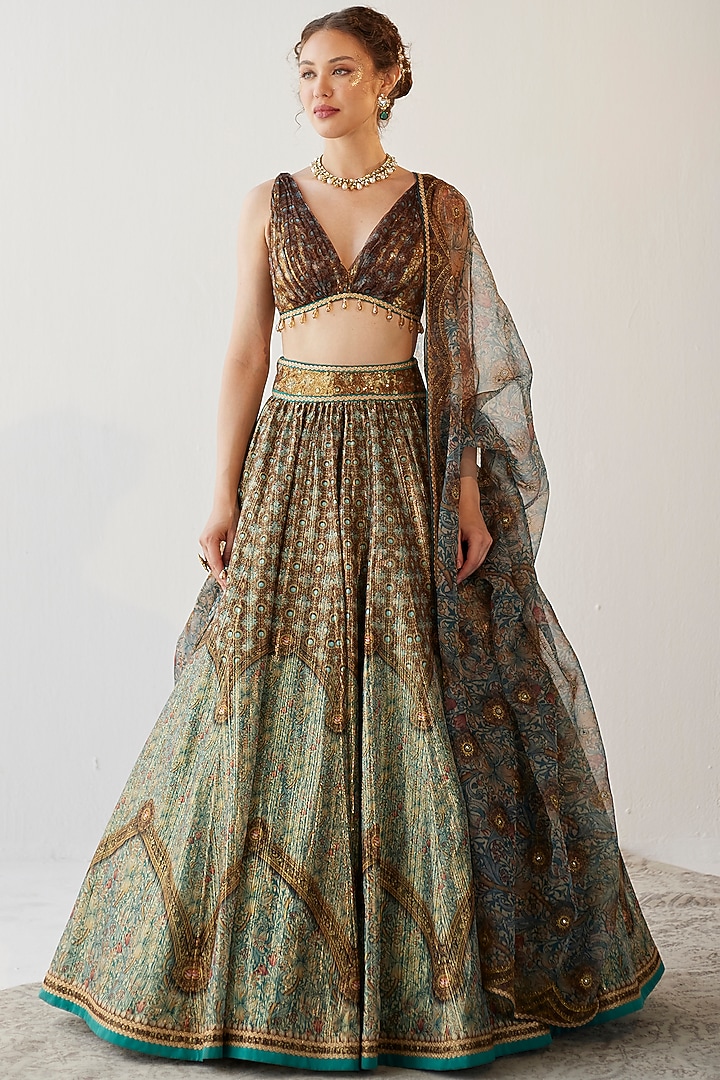 Teal Green Printed & Embroidered Wedding Lehenga Set by Cedar and Pine at Pernia's Pop Up Shop