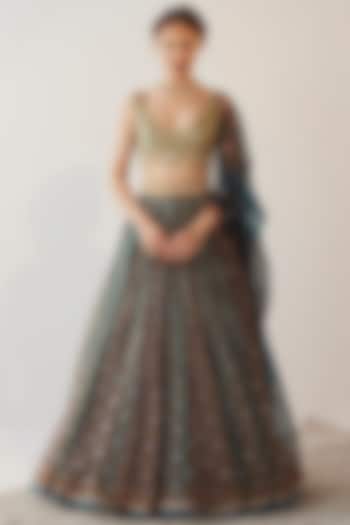 Teal Green Printed & Embroidered Wedding Lehenga Set by Cedar and Pine at Pernia's Pop Up Shop