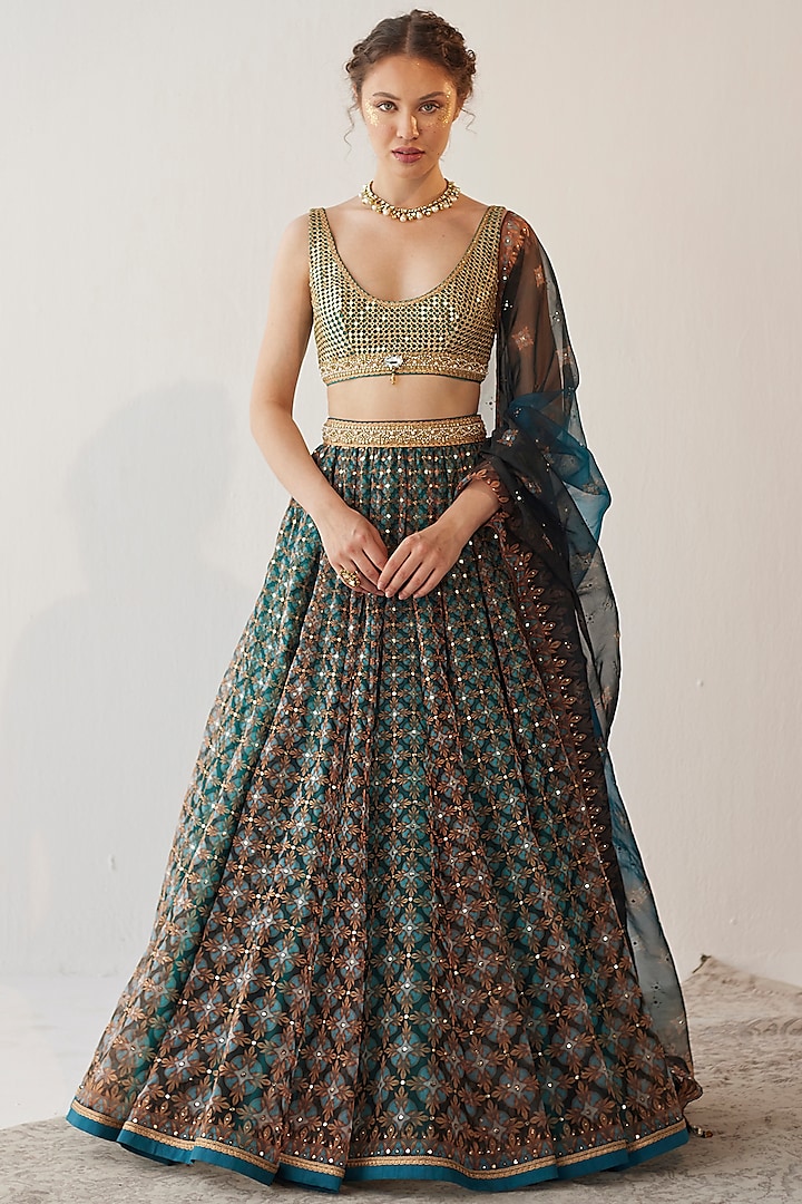 Teal Green Printed & Embroidered Wedding Lehenga Set by Cedar and Pine at Pernia's Pop Up Shop