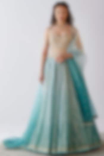 Aqua Blue Printed & Embroidered Wedding Lehenga Set by Cedar and Pine at Pernia's Pop Up Shop