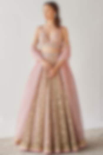 Gold & Blush Pink Embroidered Wedding Lehenga Set by Cedar and Pine at Pernia's Pop Up Shop