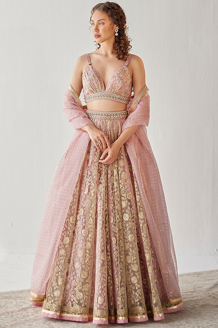 Gold & Blush Pink Embroidered Wedding Lehenga Set by Cedar and Pine at Pernia's Pop Up Shop