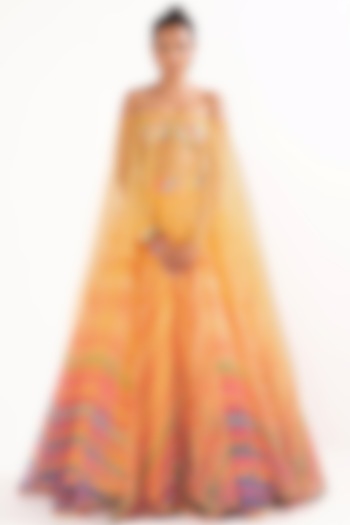 Multi-Colored Organza Striped Wedding Lehenga Set by Cedar and Pine at Pernia's Pop Up Shop