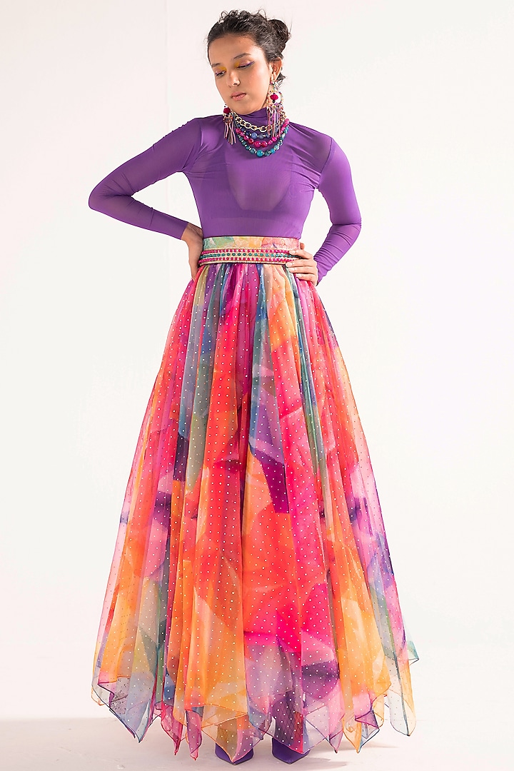 Multi-Colored Organza Embroidered & Printed Skirt Set by Cedar and Pine at Pernia's Pop Up Shop