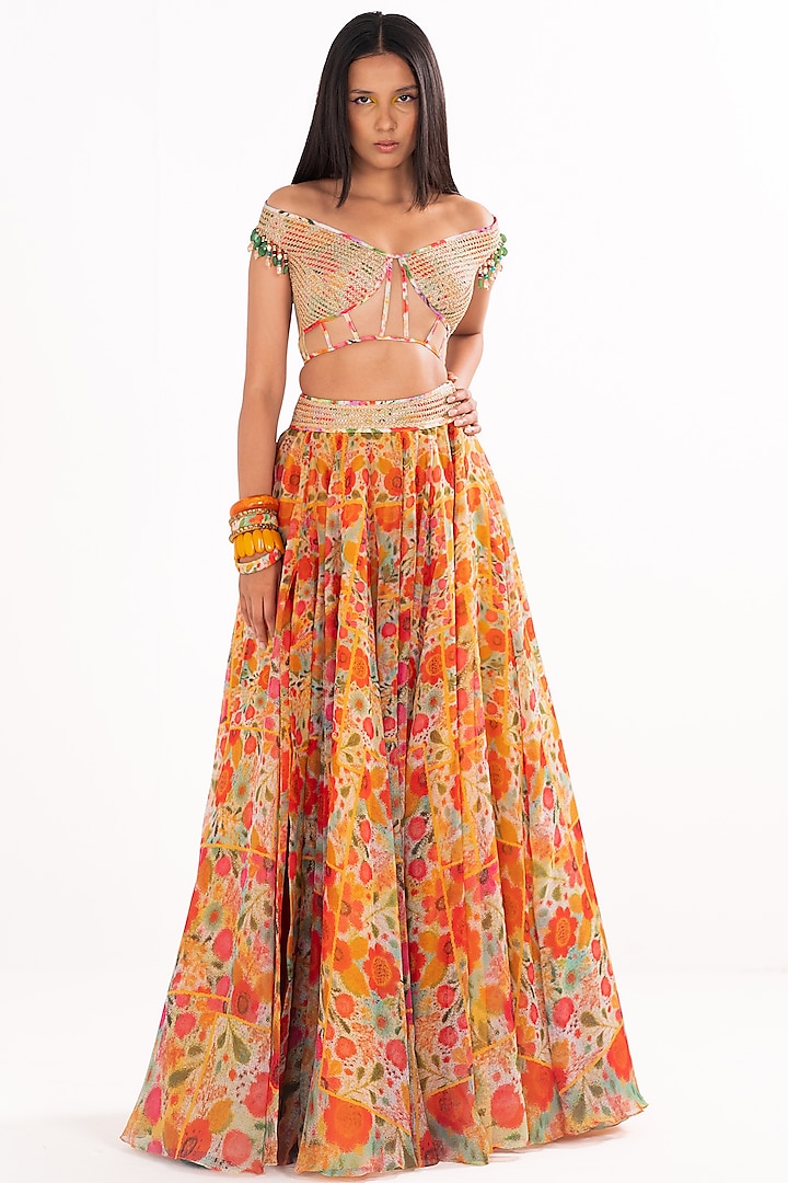 Multi-Colored Organza Embroidered & Printed Skirt Set by Cedar and Pine