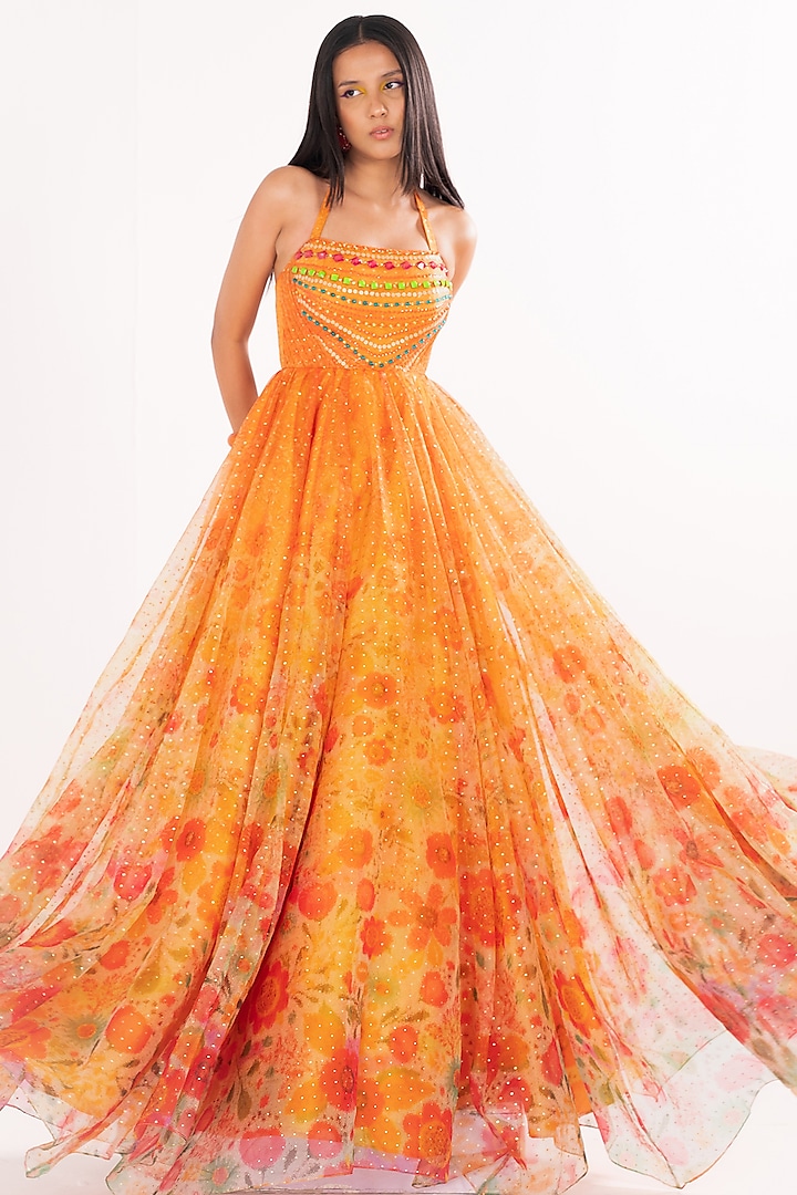 Yellow Organza & Tulle Printed Gown  by Cedar and Pine