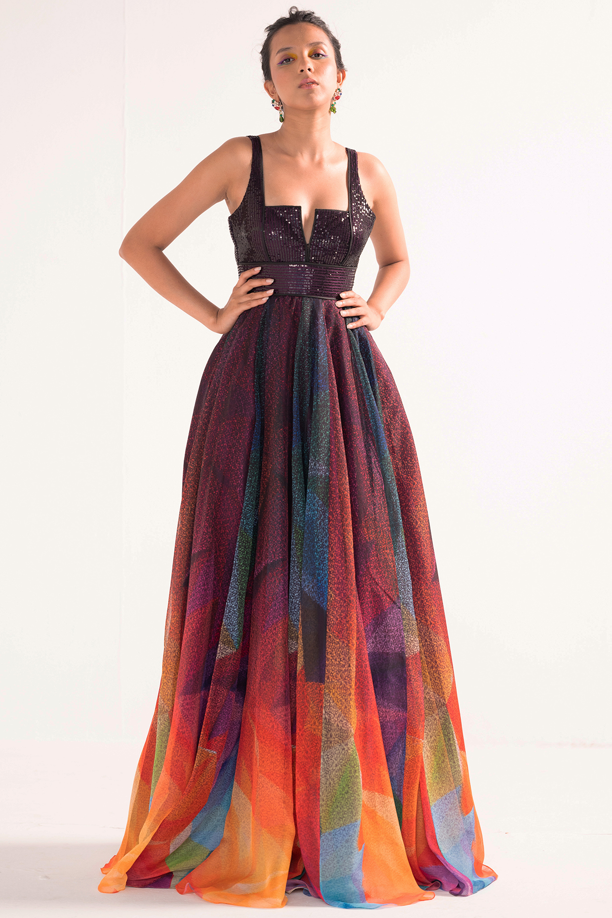 Multi-Colored Organza & Tulle Printed Gown  by Cedar and Pine