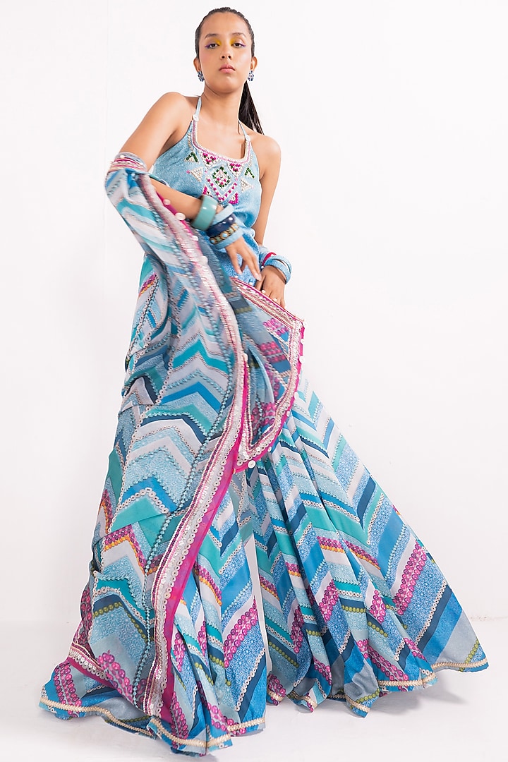 Blue & Pink Organza Printed Wedding Sharara Set by Cedar and Pine at Pernia's Pop Up Shop