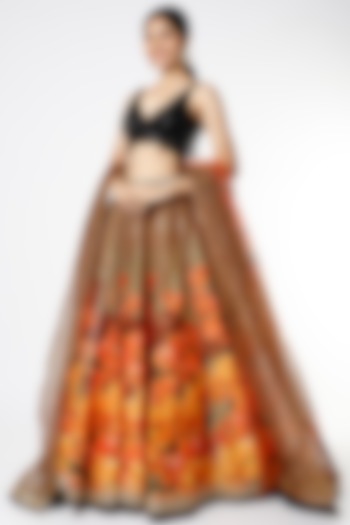 Yellow & Black Digital Floral Printed Wedding Lehenga Set by Cedar and Pine at Pernia's Pop Up Shop