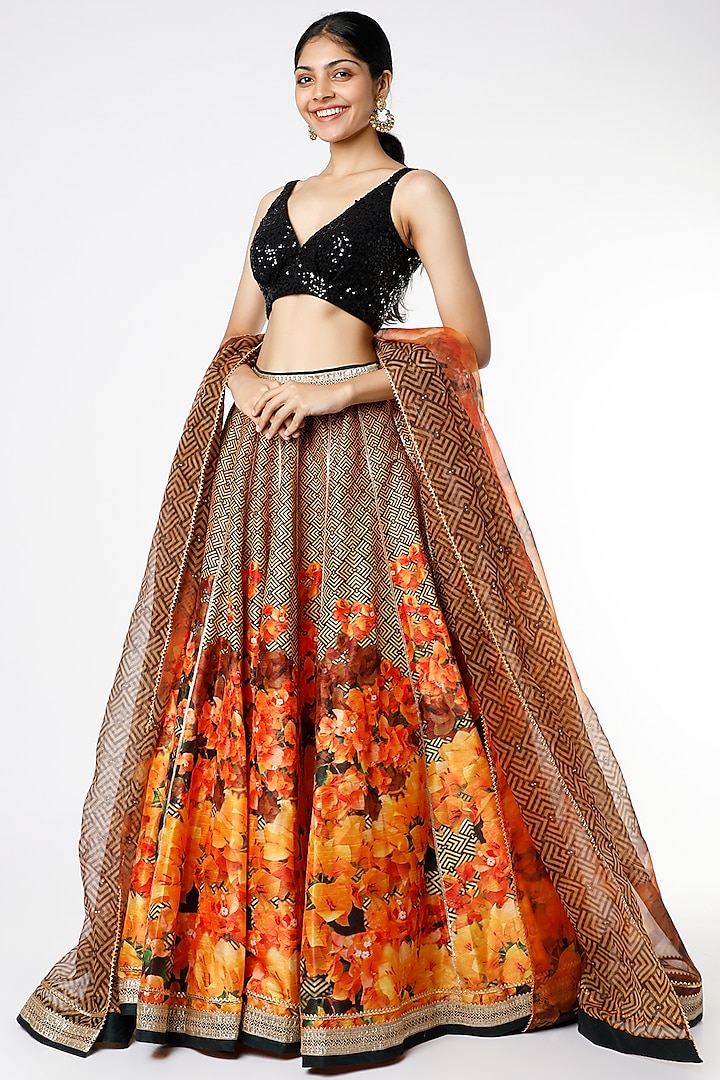 Yellow & Black Digital Floral Printed Wedding Lehenga Set by Cedar and Pine at Pernia's Pop Up Shop