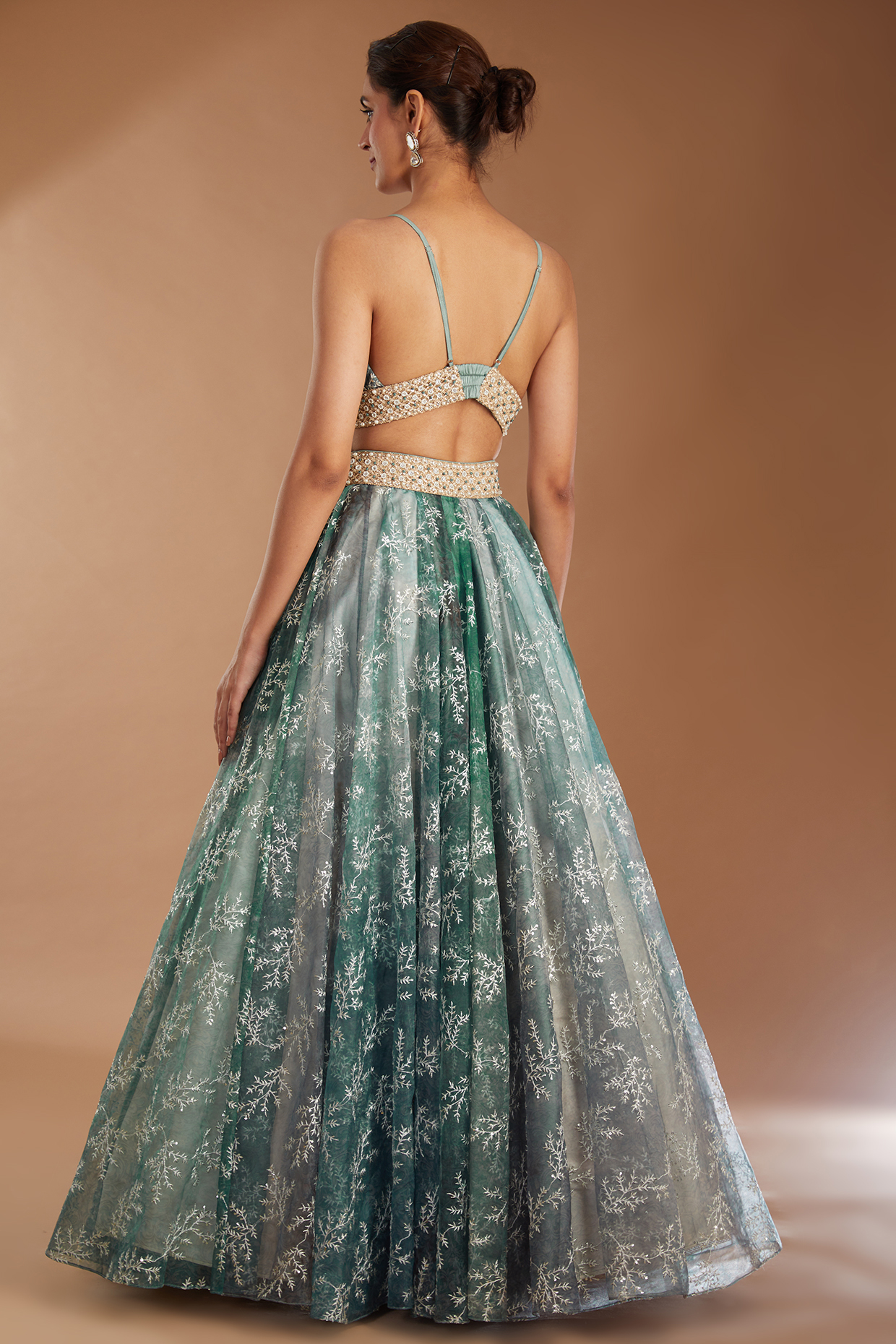 Lake Blue Organza Digital Printed Wedding Lehenga Set By Cedar And Pine