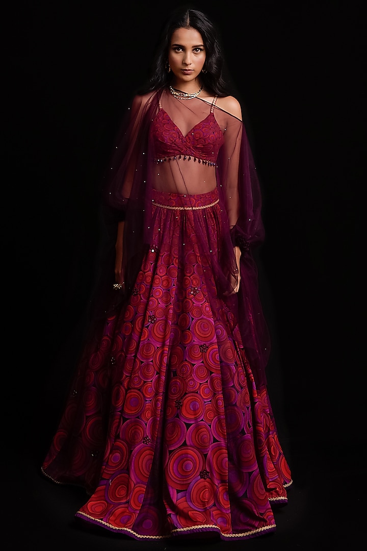 Multi Colored Embroidered And Printed Wedding Lehenga Set By Cedar And