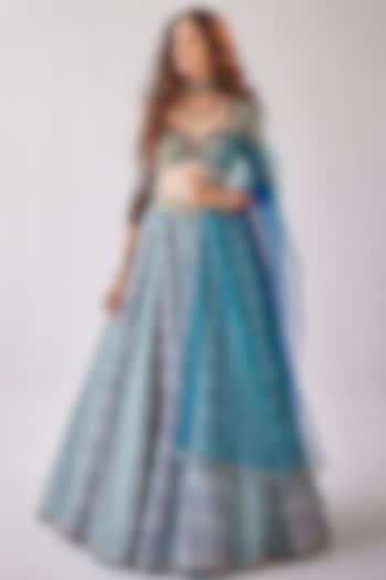 Teal Blue Organza Embroidered & Printed Wedding Lehenga Set by Cedar and Pine at Pernia's Pop Up Shop