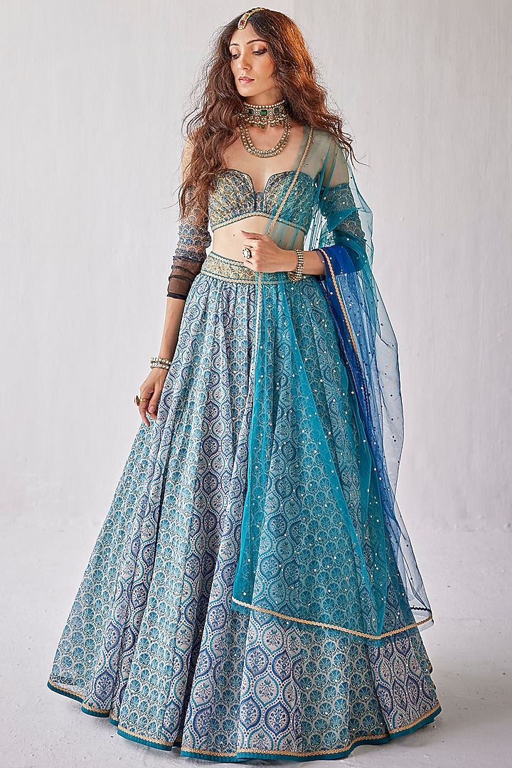 Teal Blue Organza Embroidered & Printed Wedding Lehenga Set by Cedar and Pine at Pernia's Pop Up Shop