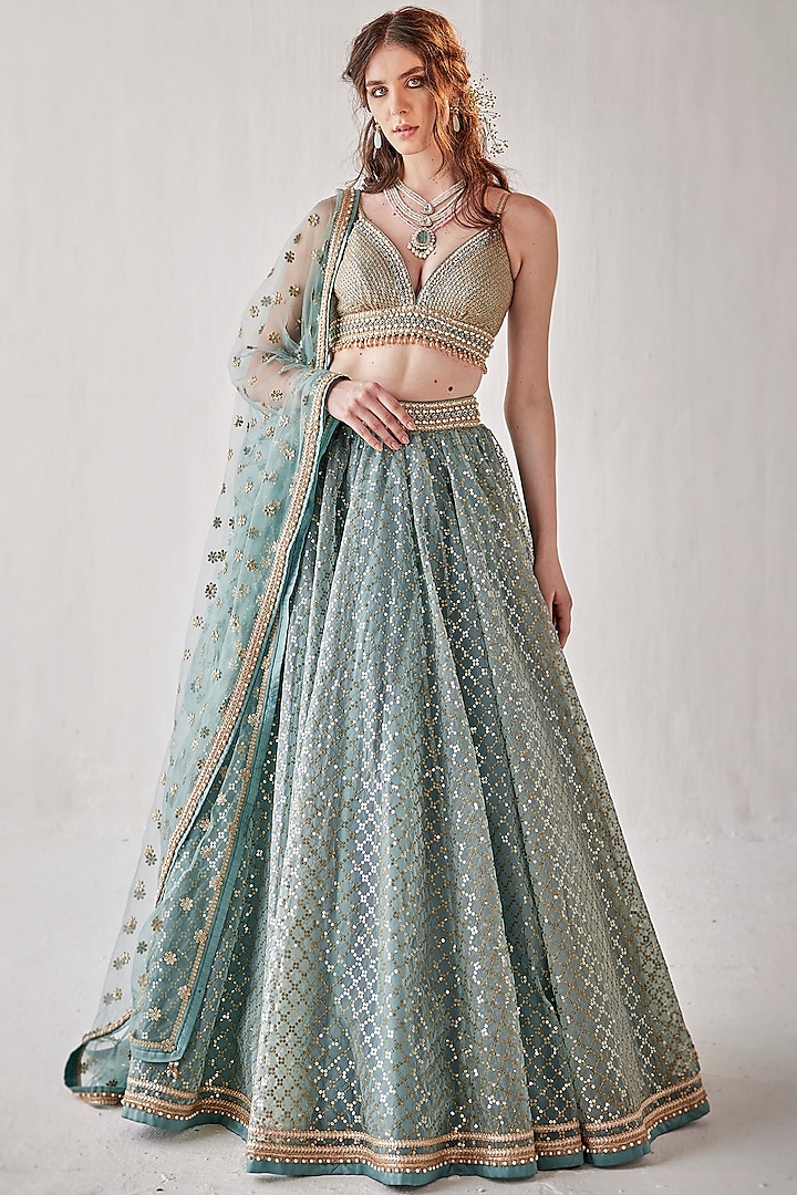 Blue Organza Embroidered Wedding Lehenga Set By Cedar And Pine At