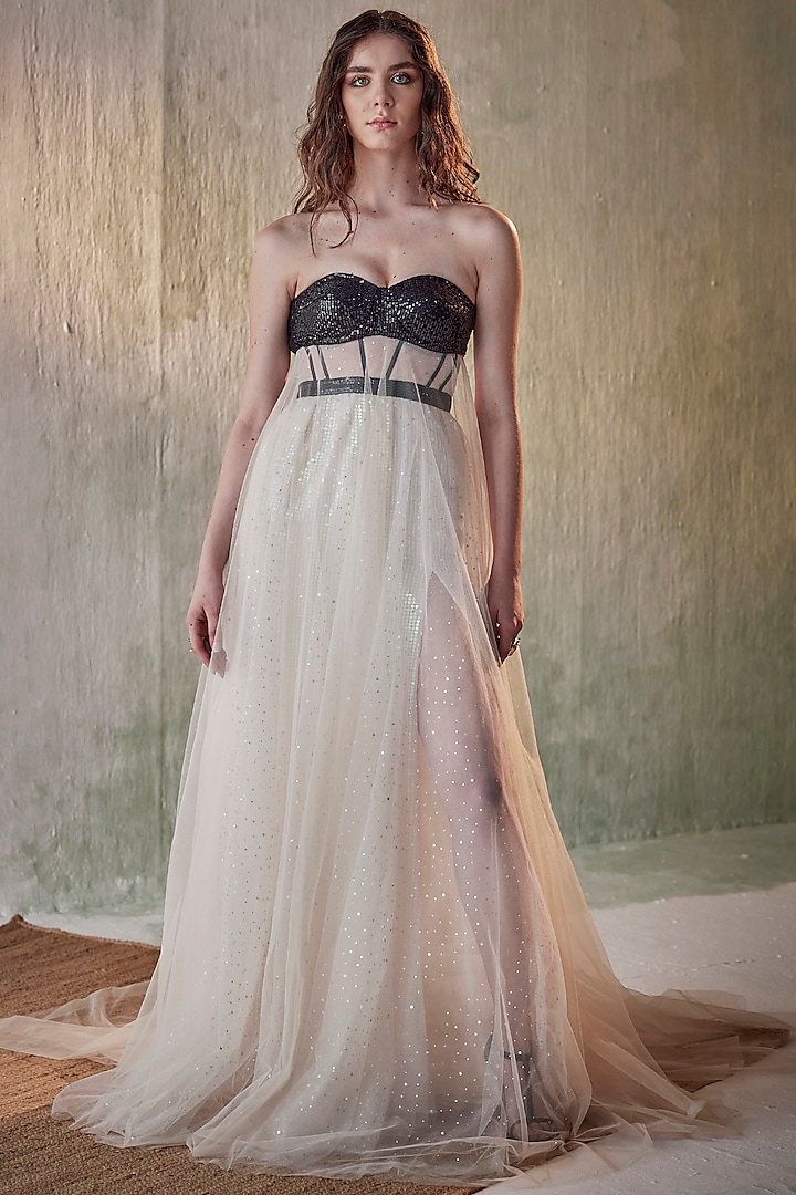 Ivory & Black Tulle Embroidered Gown by Cedar and Pine