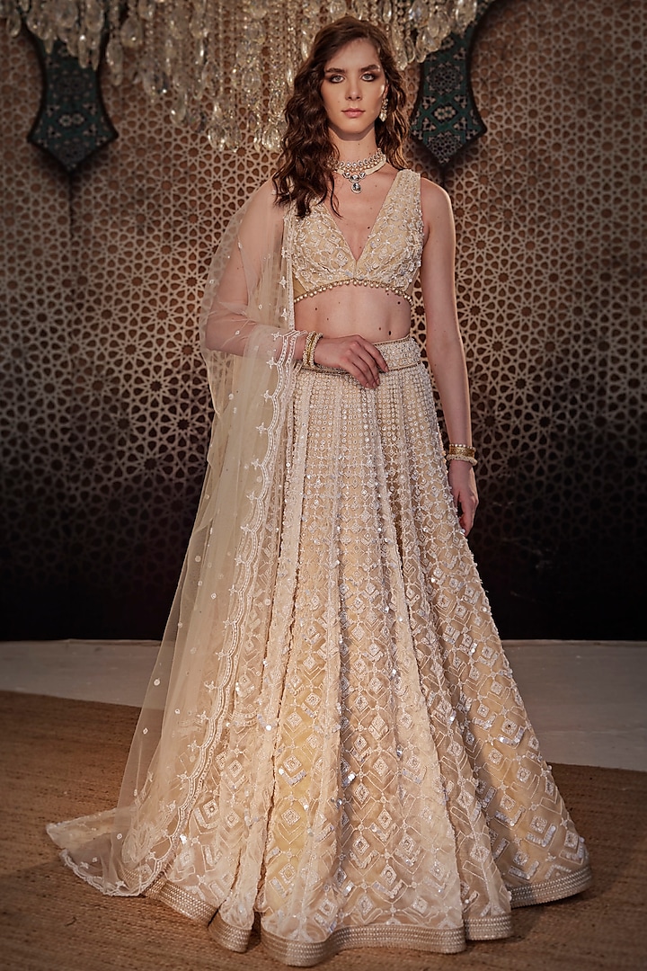 Ivory Organza Embroidered Lehenga Set by Cedar and Pine