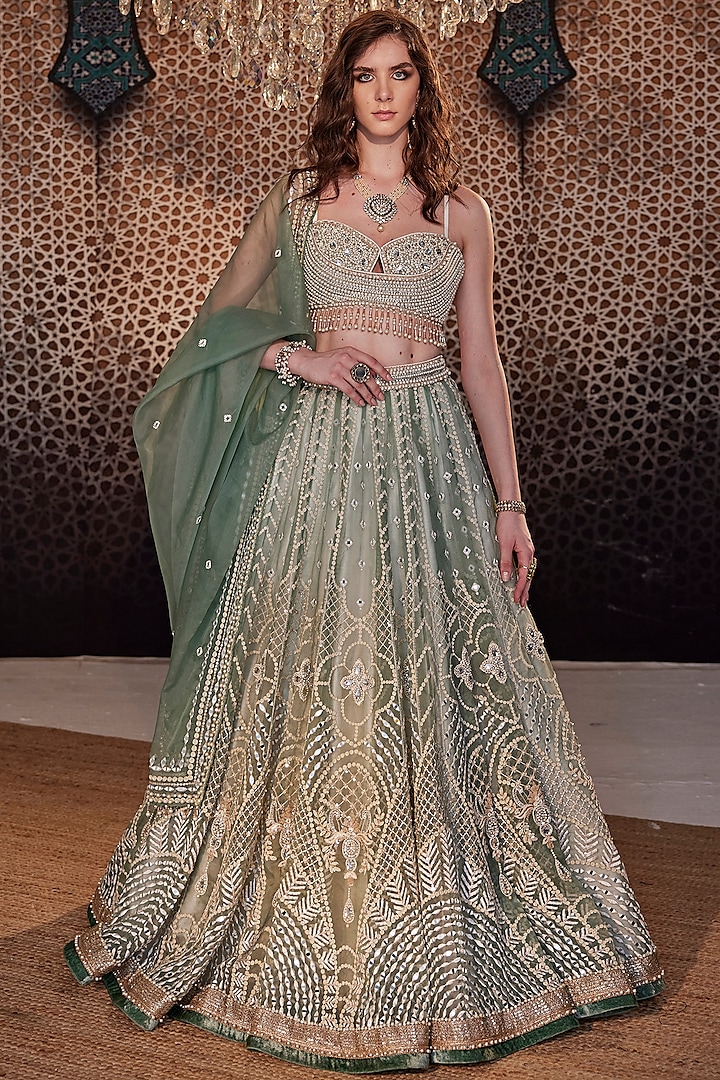 Jade Green Organza Hand Embroidered Lehenga Set by Cedar and Pine