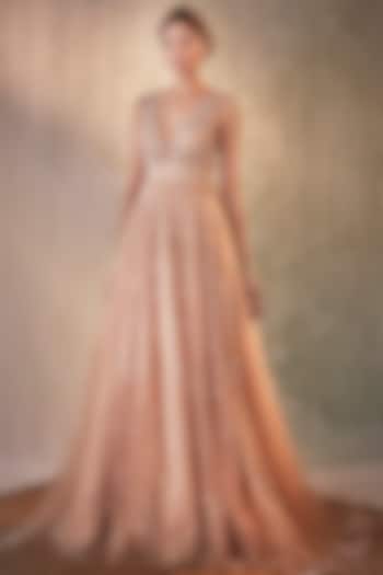 Nude Tulle Embroidered Gown by Cedar and Pine