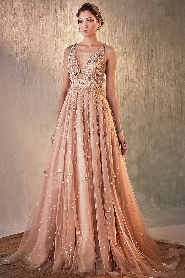 Nude Tulle Embroidered Gown by Cedar and Pine