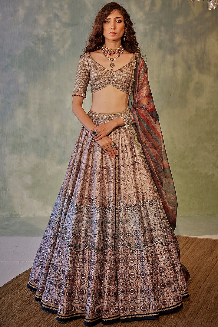 Multi-Colored Dupion Printed & Embroidered Lehenga Set by Cedar and Pine