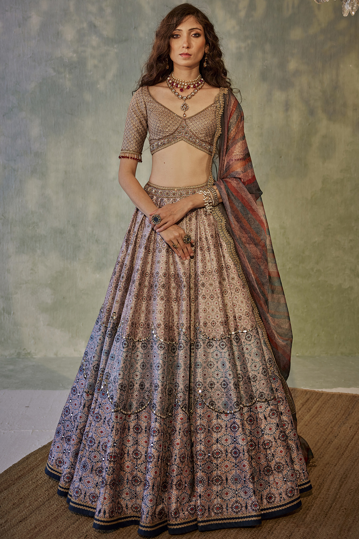 Multi-Colored Dupion Printed & Embroidered Lehenga Set by Cedar and Pine