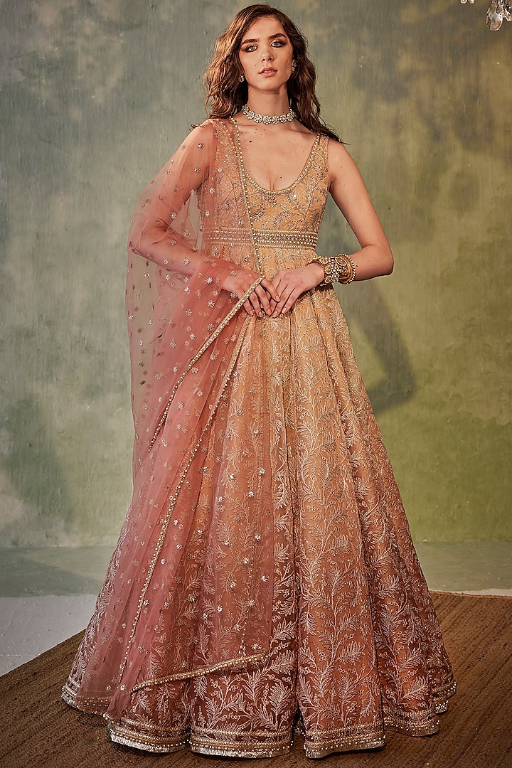 Gold Ombre Organza Embroidered Anarkali Set by Cedar and Pine