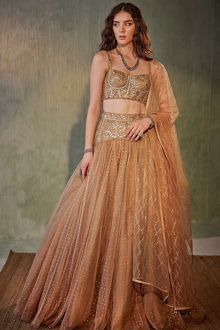Gold Ombre Organza Lehenga Set by Cedar and Pine
