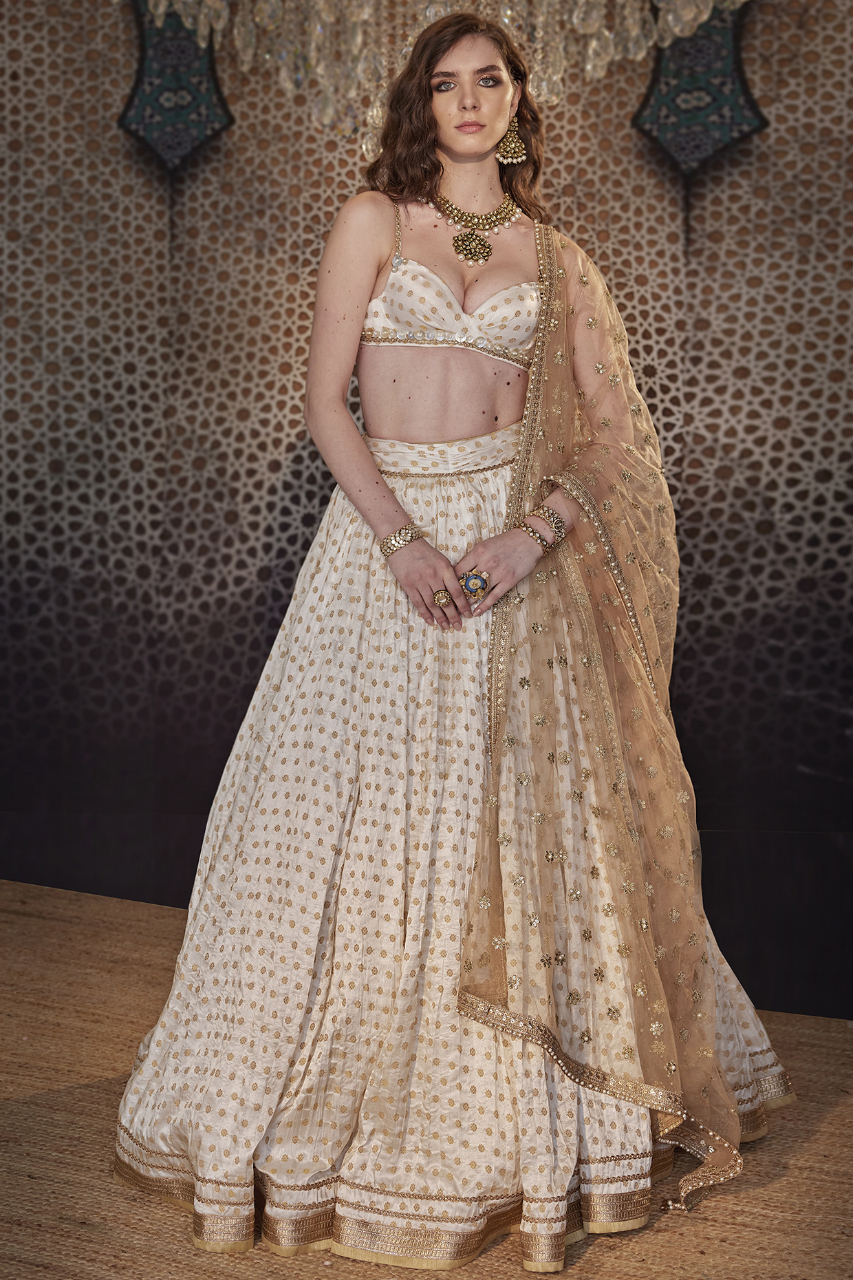 Ivory Brocade Crinkle Lehenga Set by Cedar and Pine