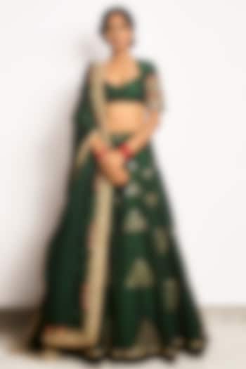 Forest Green Pure Raw Silk Embroidered Lehenga Set by Cedar and Pine