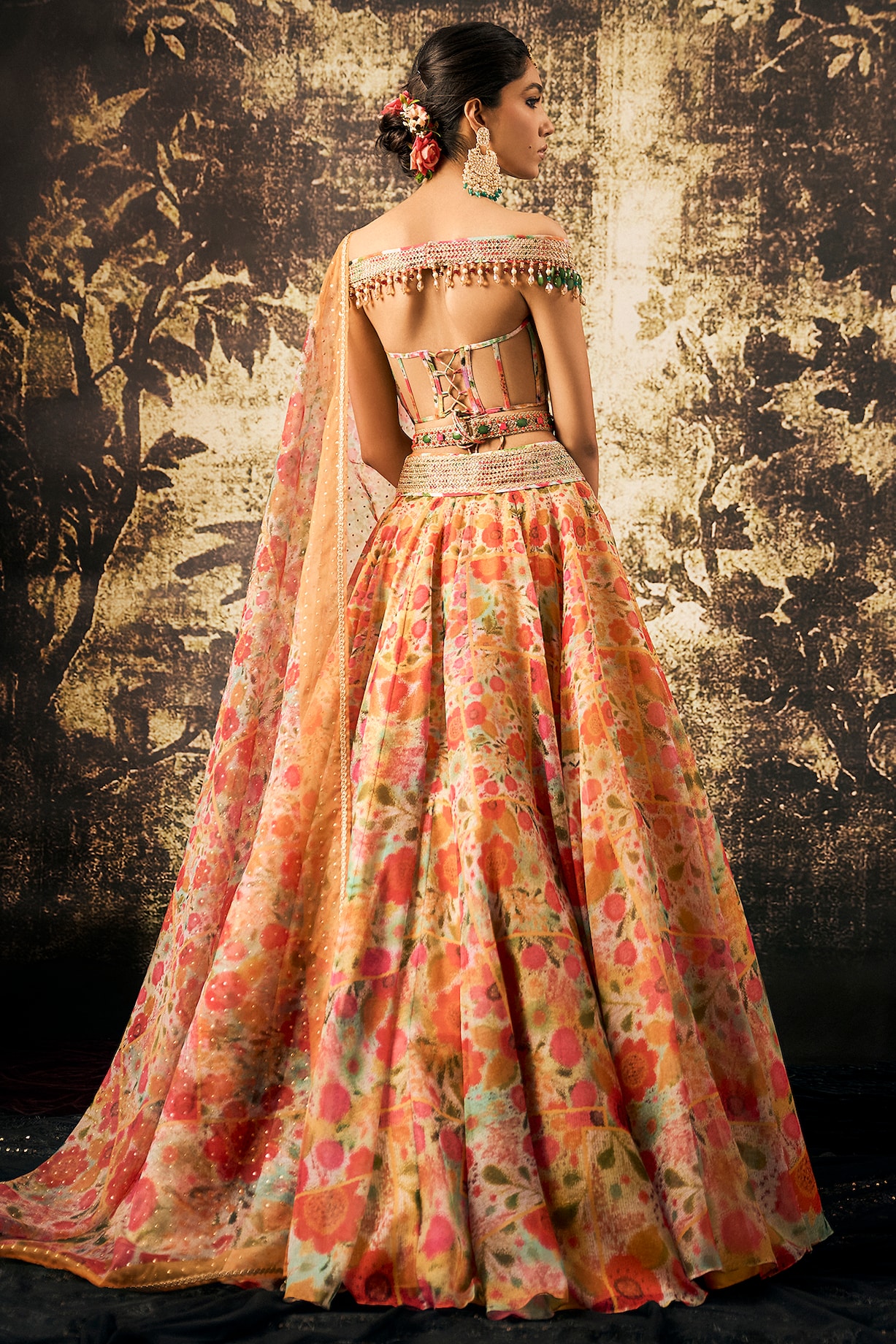 Multi Colored Organza Floral Printed Wedding Lehenga Set By Cedar And