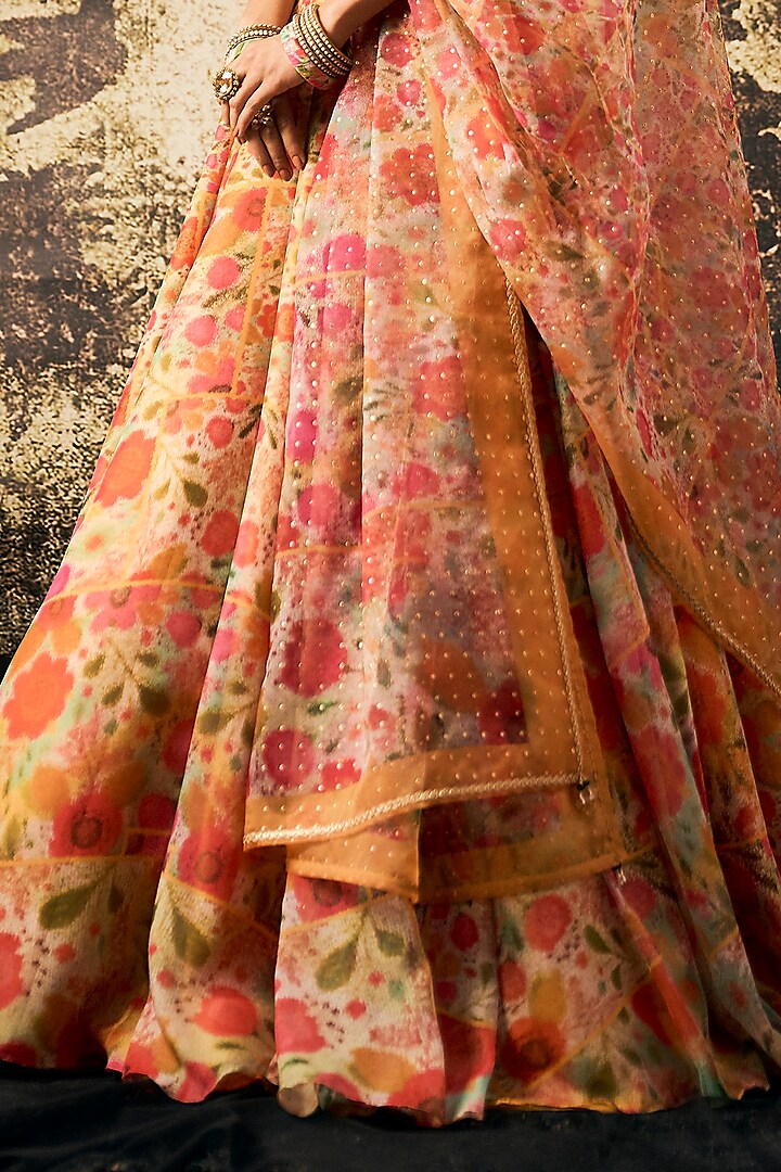 Multi Colored Organza Floral Printed Wedding Lehenga Set By Cedar And