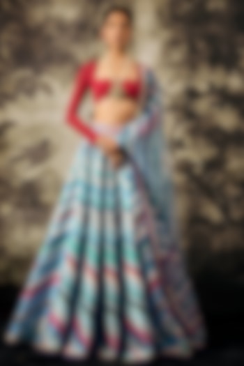 Blue Organza Embroidered & Striped Lehenga Set by Cedar and Pine
