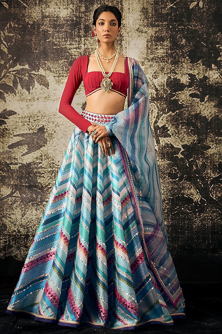 Blue Organza Embroidered & Striped Lehenga Set by Cedar and Pine
