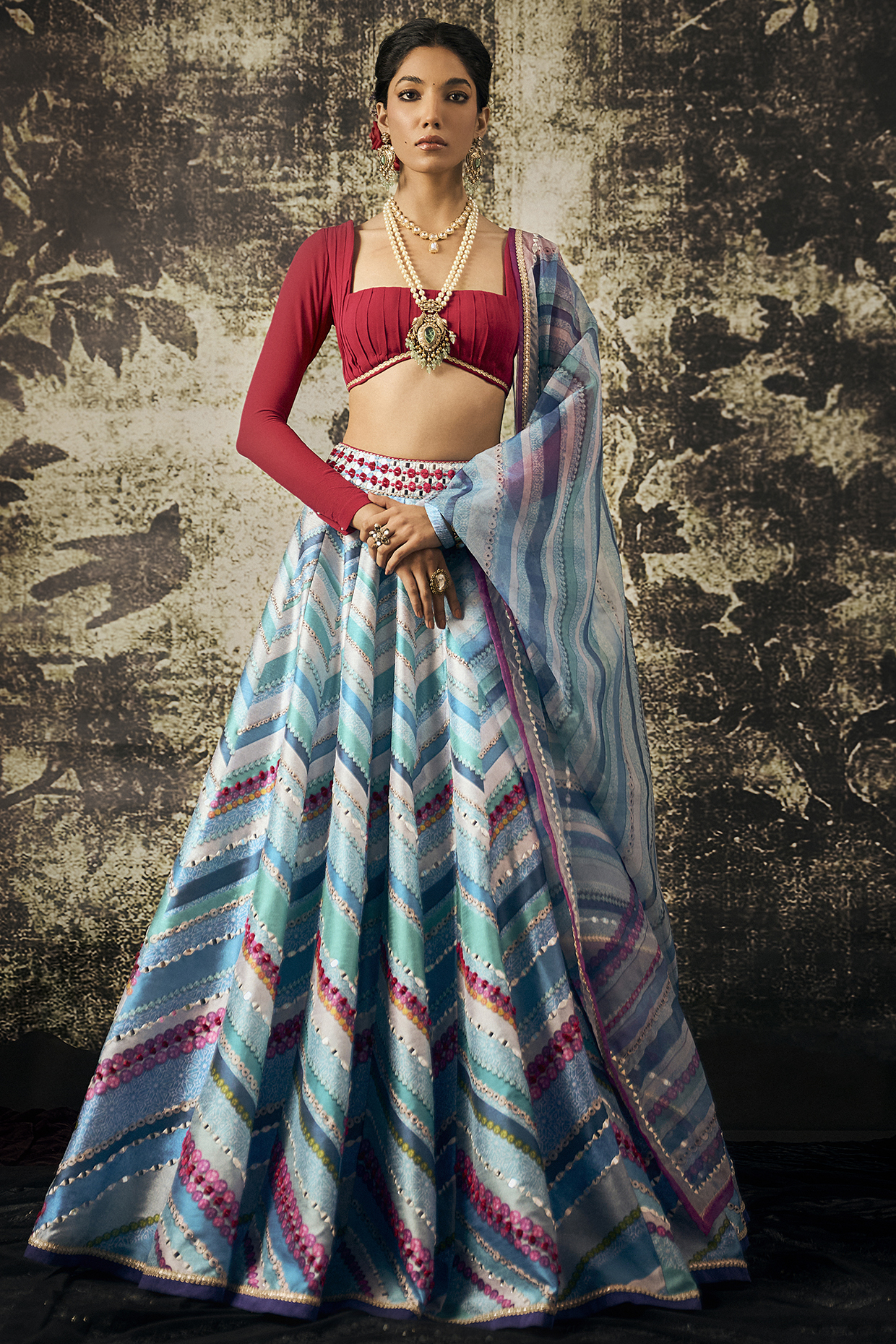 Blue Organza Embroidered & Striped Wedding Lehenga Set by Cedar and Pine at Pernia's Pop Up Shop