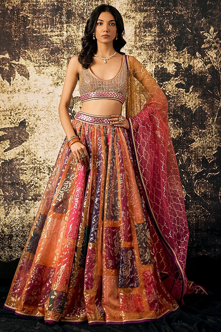 Multi-Colored Organza Color Blocked Lehenga Set by Cedar and Pine