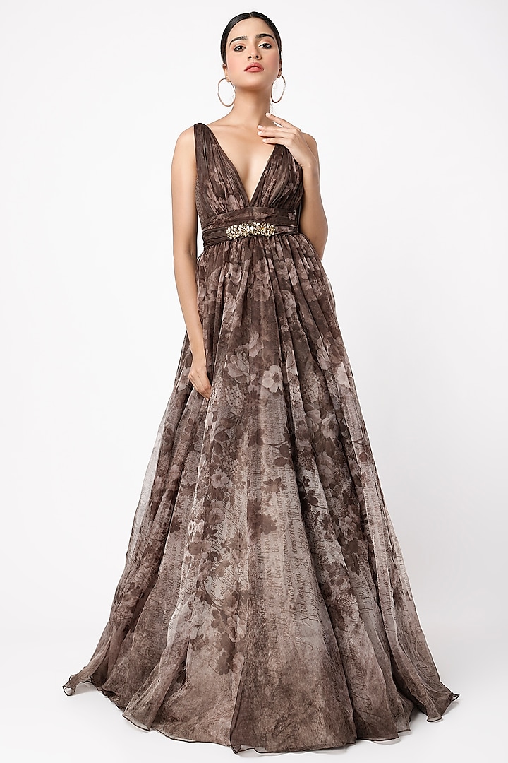 Dark Brown Floral Digital Printed Gown by Cedar and Pine