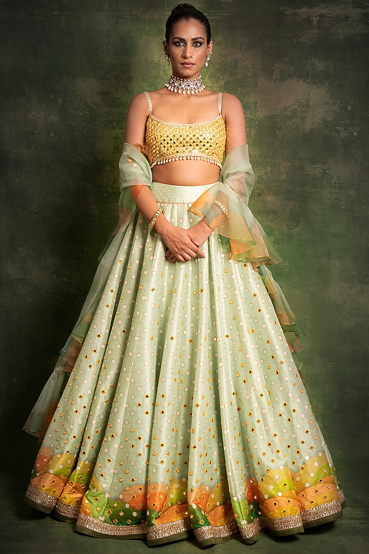 Mint Green Embroidered Wedding Lehenga Set by Cedar and Pine at Pernia