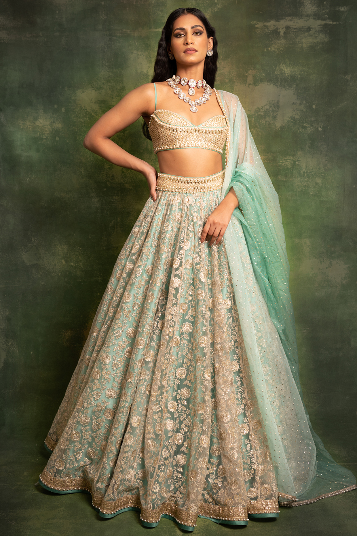 Jade Green Embroidered Lehenga Set by Cedar and Pine