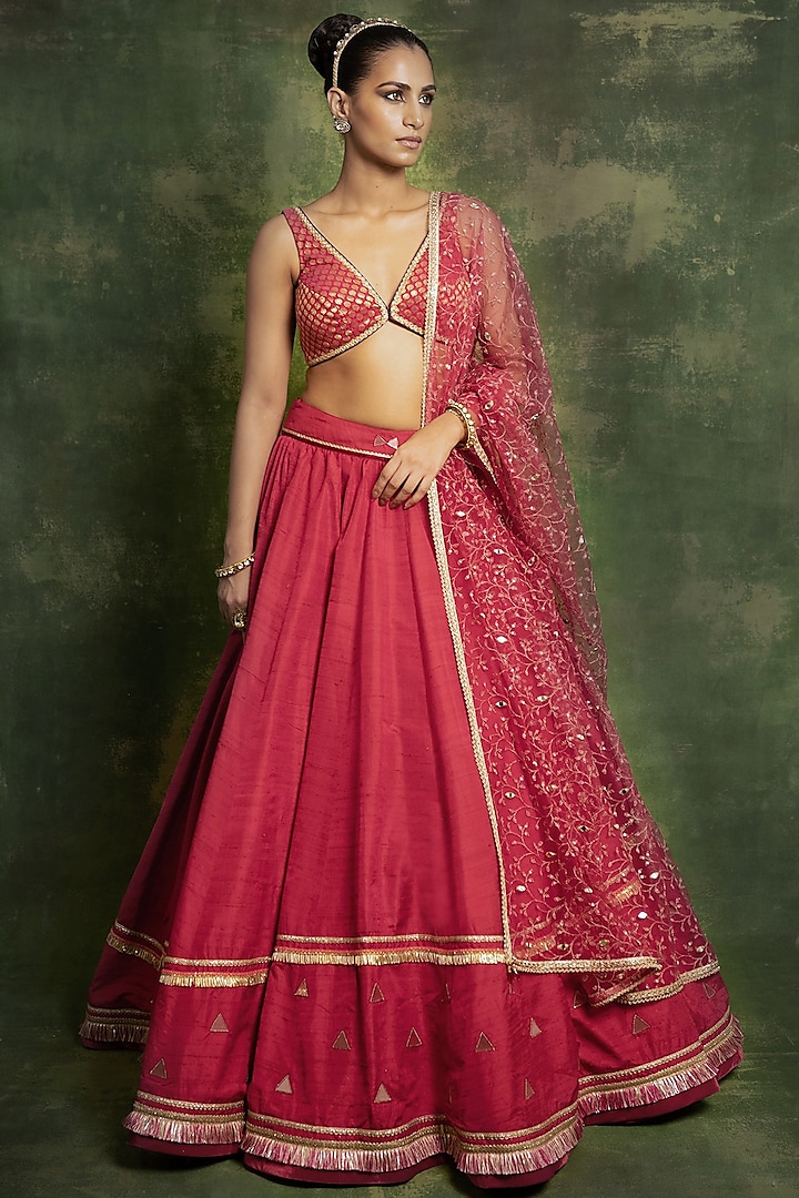 Coral Red Embroidered Lehenga Set by Cedar and Pine
