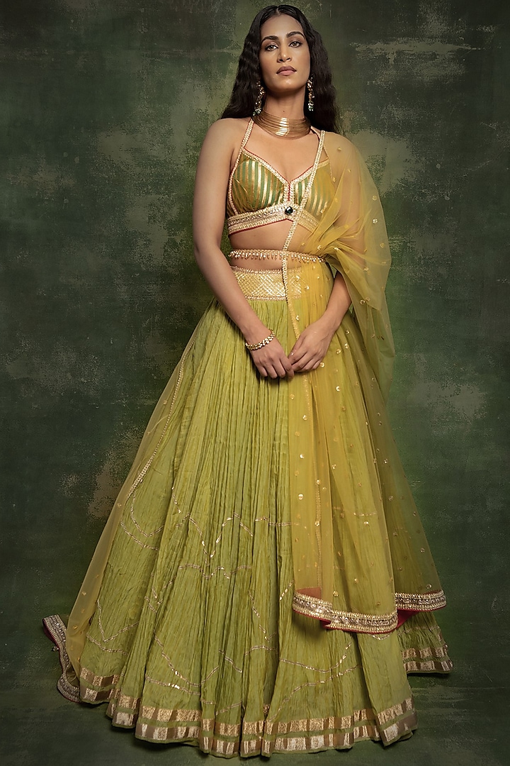 Green Embroidered Lehenga Set by Cedar and Pine