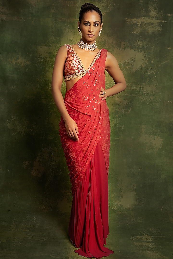 Red Embroidered Saree Set by Cedar and Pine