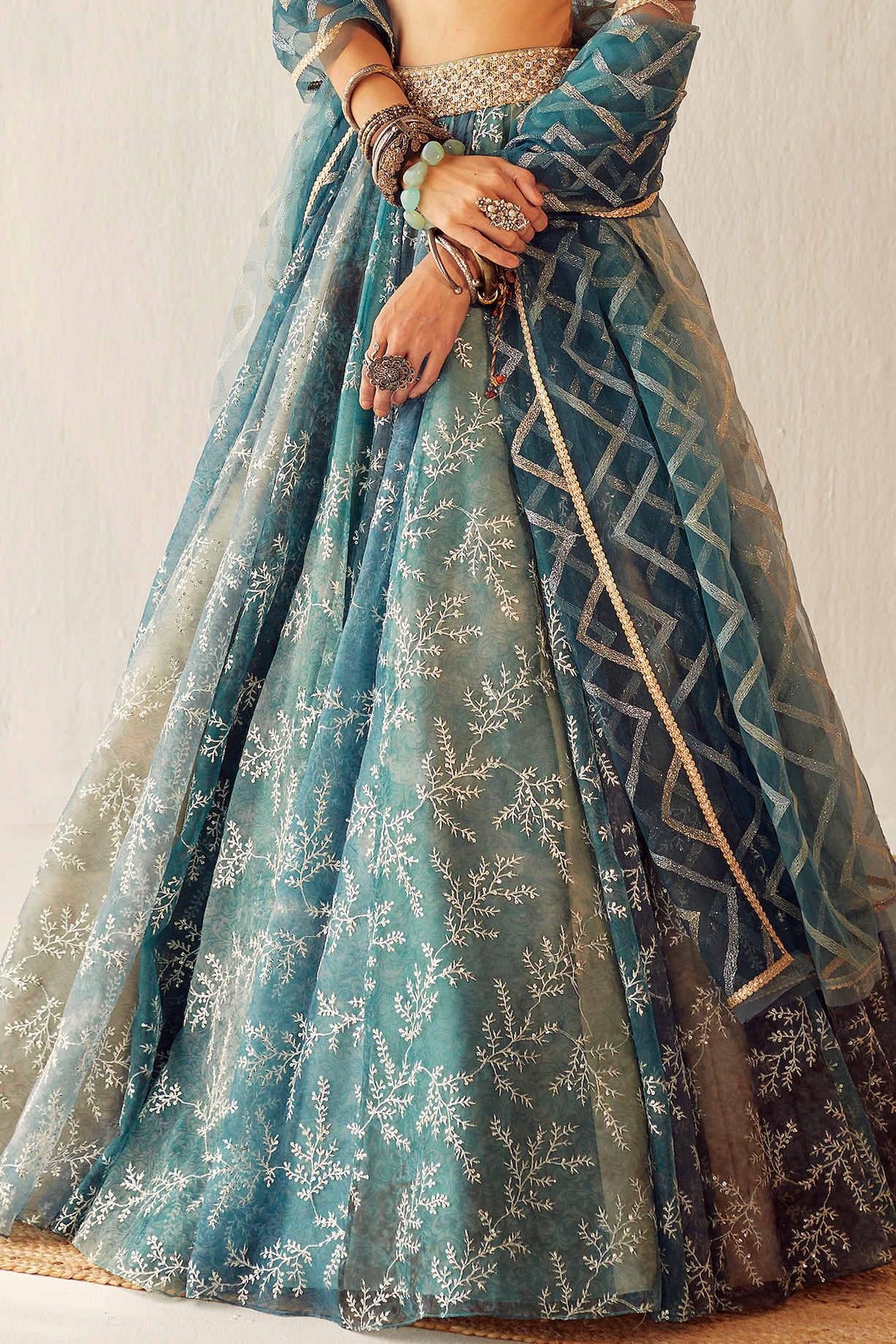 Lake Blue Organza Embroidered Wedding Lehenga Set By Cedar And Pine At