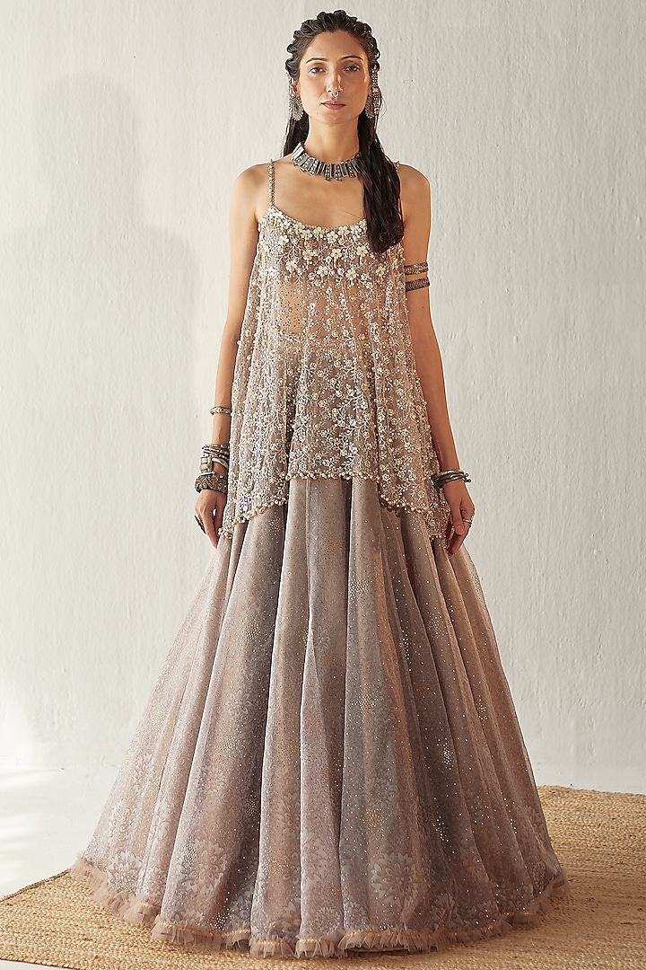 Misty Grey Organza Embroidered Lehenga Set by Cedar and Pine